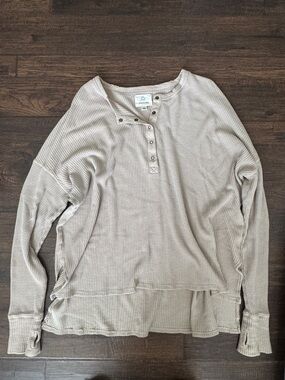 aerie Beige Waffle Henley Long Sleeve Top